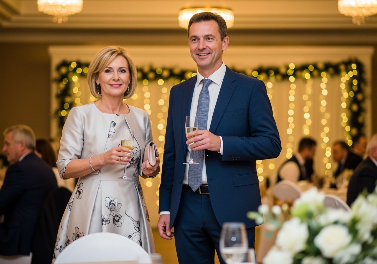 Para w eleganckim stroju na przyjęciu rocznicy ślubu w sali udekorowanej światłami i kwiatami.