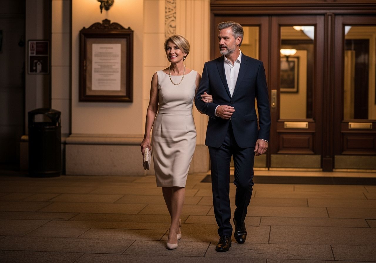 Elegancka para w wieczorowym stroju wchodzi do starego teatru o ciepłym, wieczornym oświetleniu