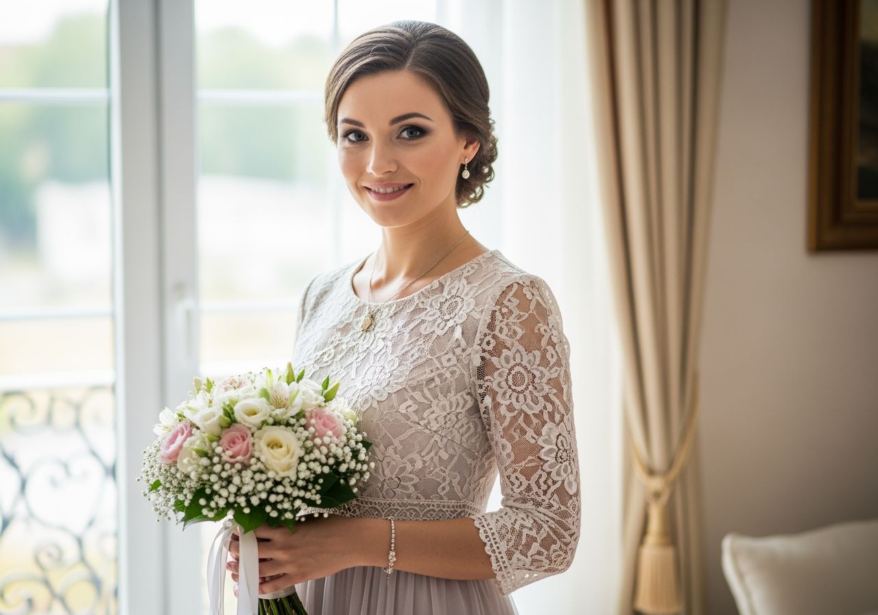 Elegancka kobieta w pastelowej sukience trzyma bukiet kwiatów podczas chrztu, stoi przy oknie.