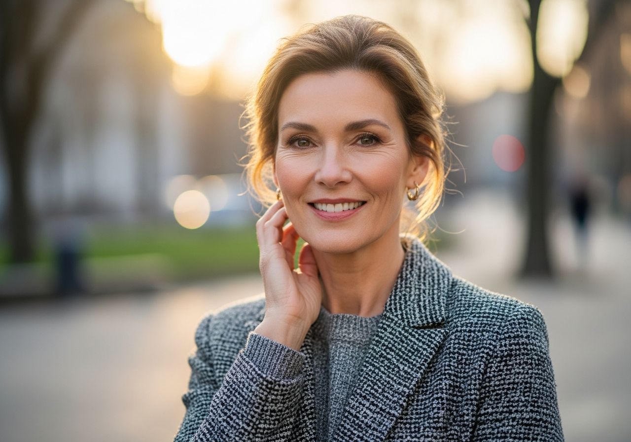 Dojrzała kobieta w stylowej miejskiej kreacji uśmiechająca się na tle miasta w naturalnym świetle