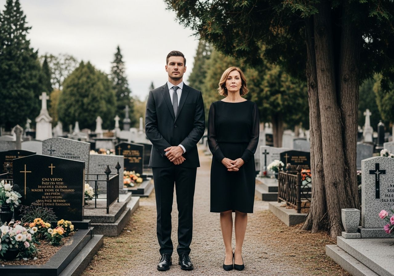 Mężczyzna i kobieta w czerni stojący w cichym cmentarzu między nagrobkami pod pochmurnym niebem