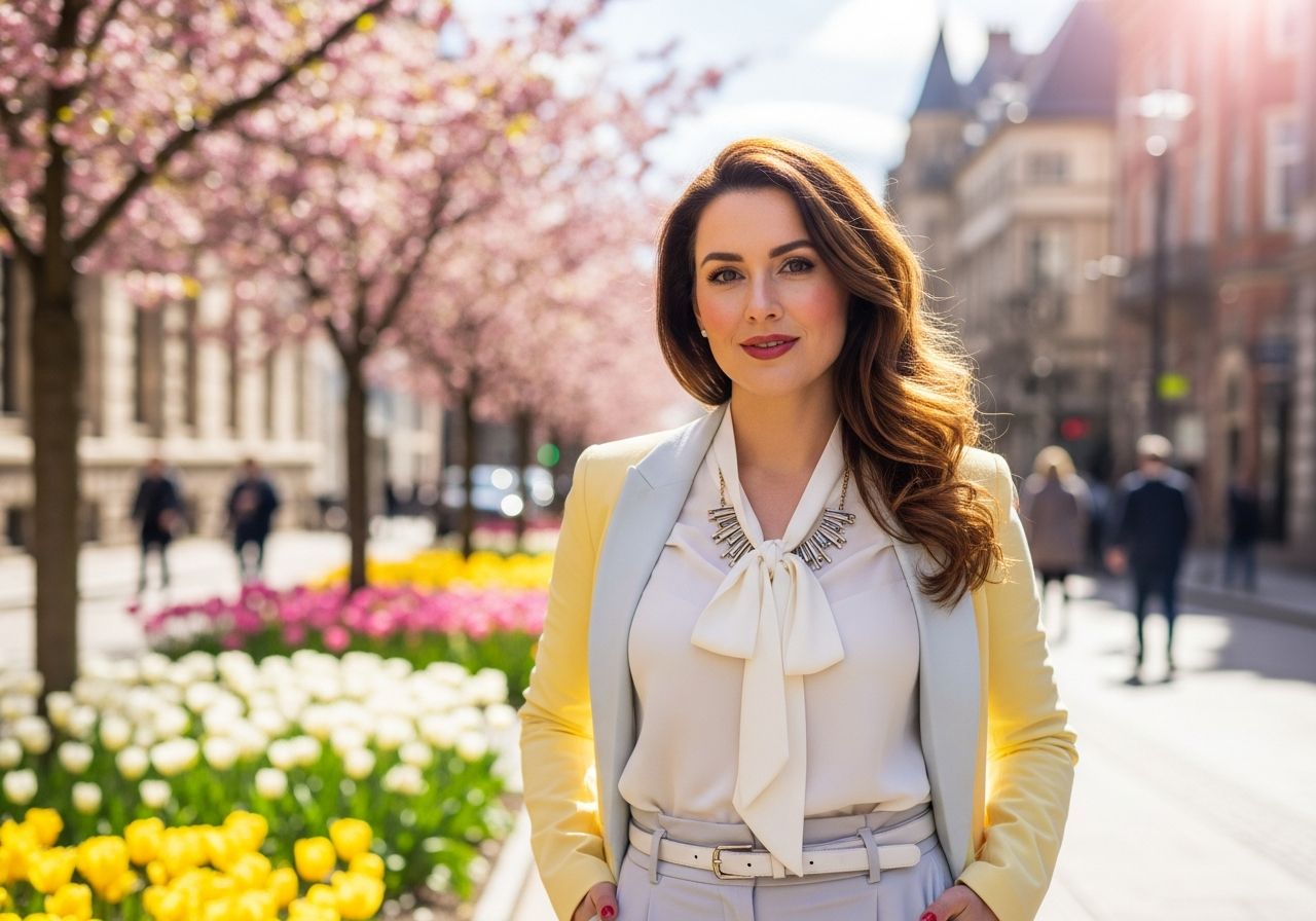 pewna siebie kobieta w latach 30 w eleganckim stroju na tle kwitnącego miasta w słoneczny wiosenny dzień