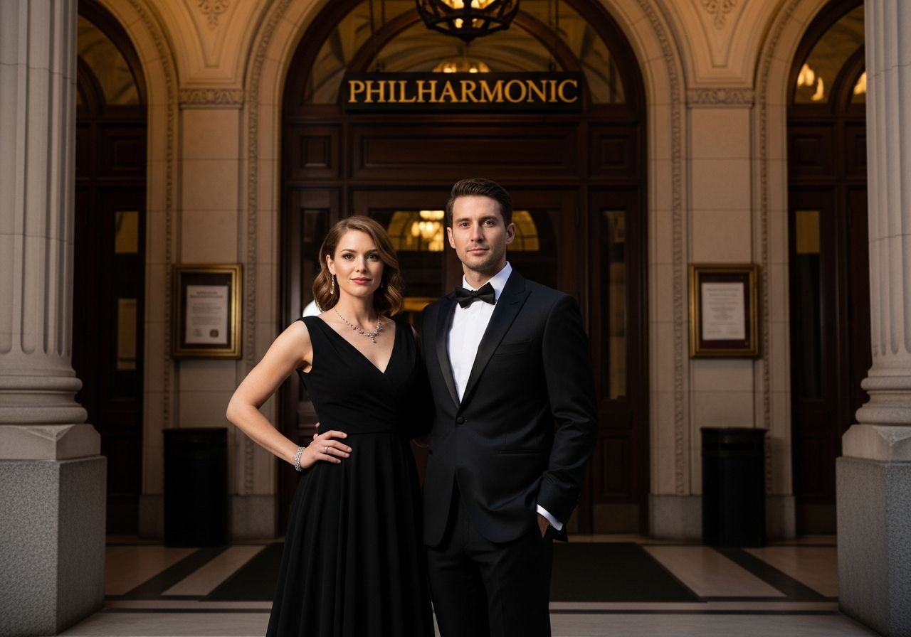 Para w eleganckich strojach stoi przed wejściem do filharmonii wieczorem