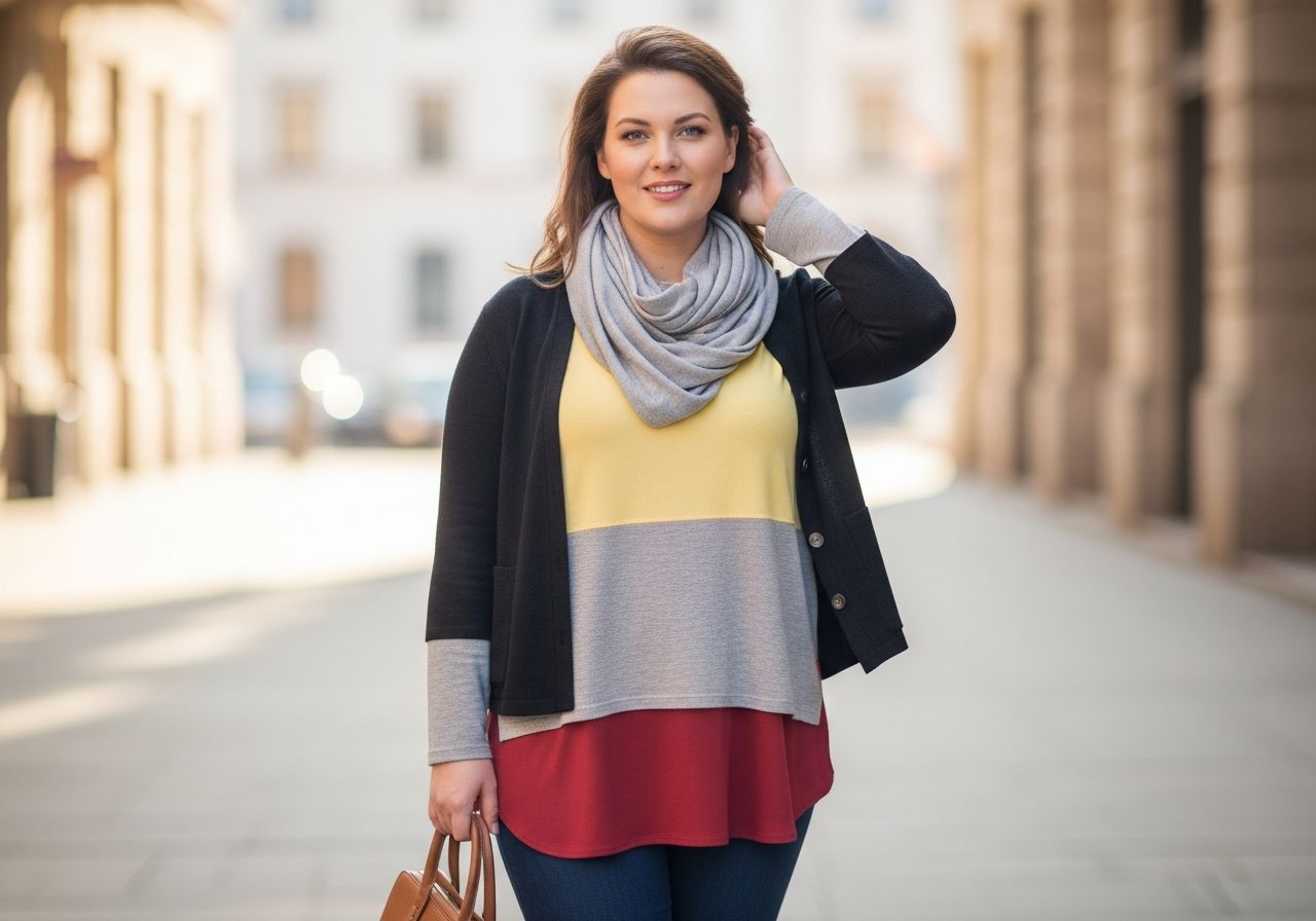 Zadowolona plus size kobieta o niskim wzroście w modnym, warstwowym stroju na tle rozmytej ulicy miejskiej