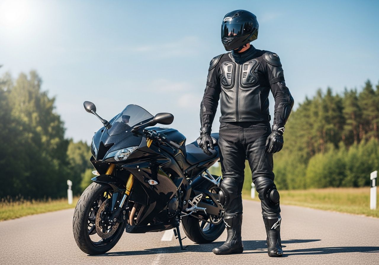 Profesjonalny motocyklista w pełnym stroju stojący obok sportowego motocykla na tle drogi i lasu