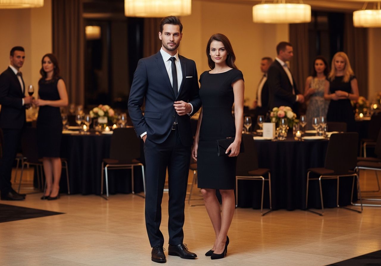 Mężczyzna w granatowym garniturze i kobieta w czarnej sukience na eleganckim bankiecie firmowym