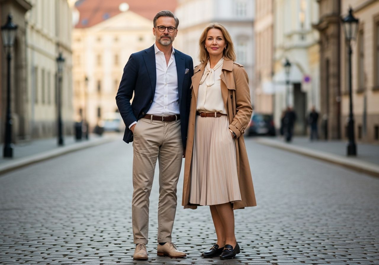 Stylowa para w klasycznych ubraniach stoi na brukowanej ulicy europejskiego miasta przy zachodzie słońca