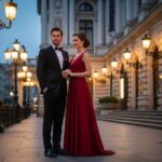 Para w eleganckich strojach stoi przed zabytkowym budynkiem opery przy lampach ulicznych o zmierzchu