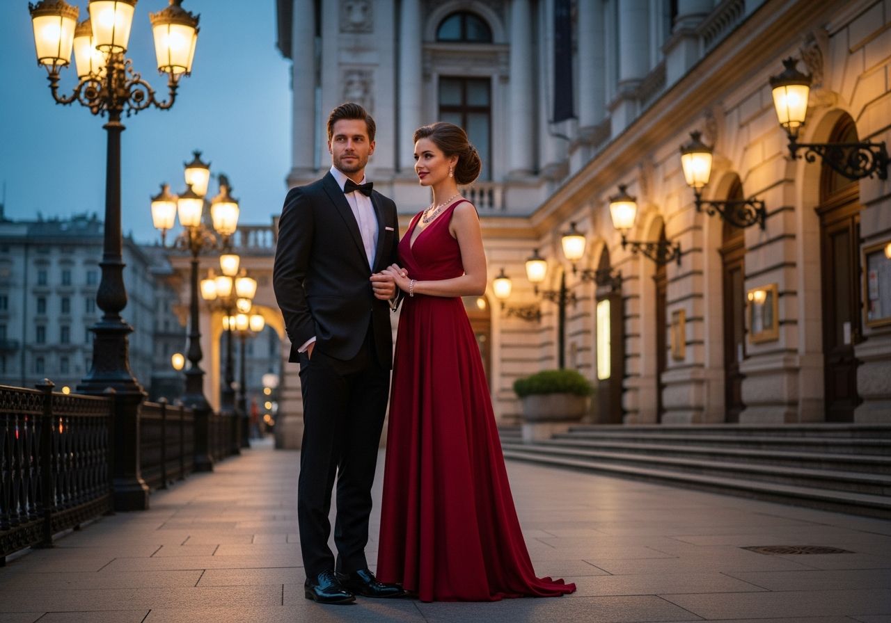 Para w eleganckich strojach stoi przed zabytkowym budynkiem opery przy lampach ulicznych o zmierzchu