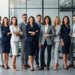 Grupa profesjonalistów w nowoczesnym biurze w różnorodnych stylach biznesowych, pewnych siebie i gotowych do działania