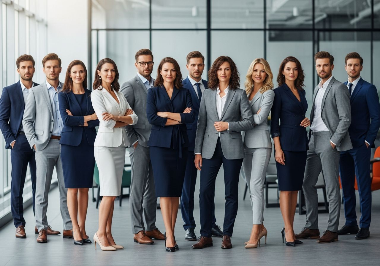Grupa profesjonalistów w nowoczesnym biurze w różnorodnych stylach biznesowych, pewnych siebie i gotowych do działania