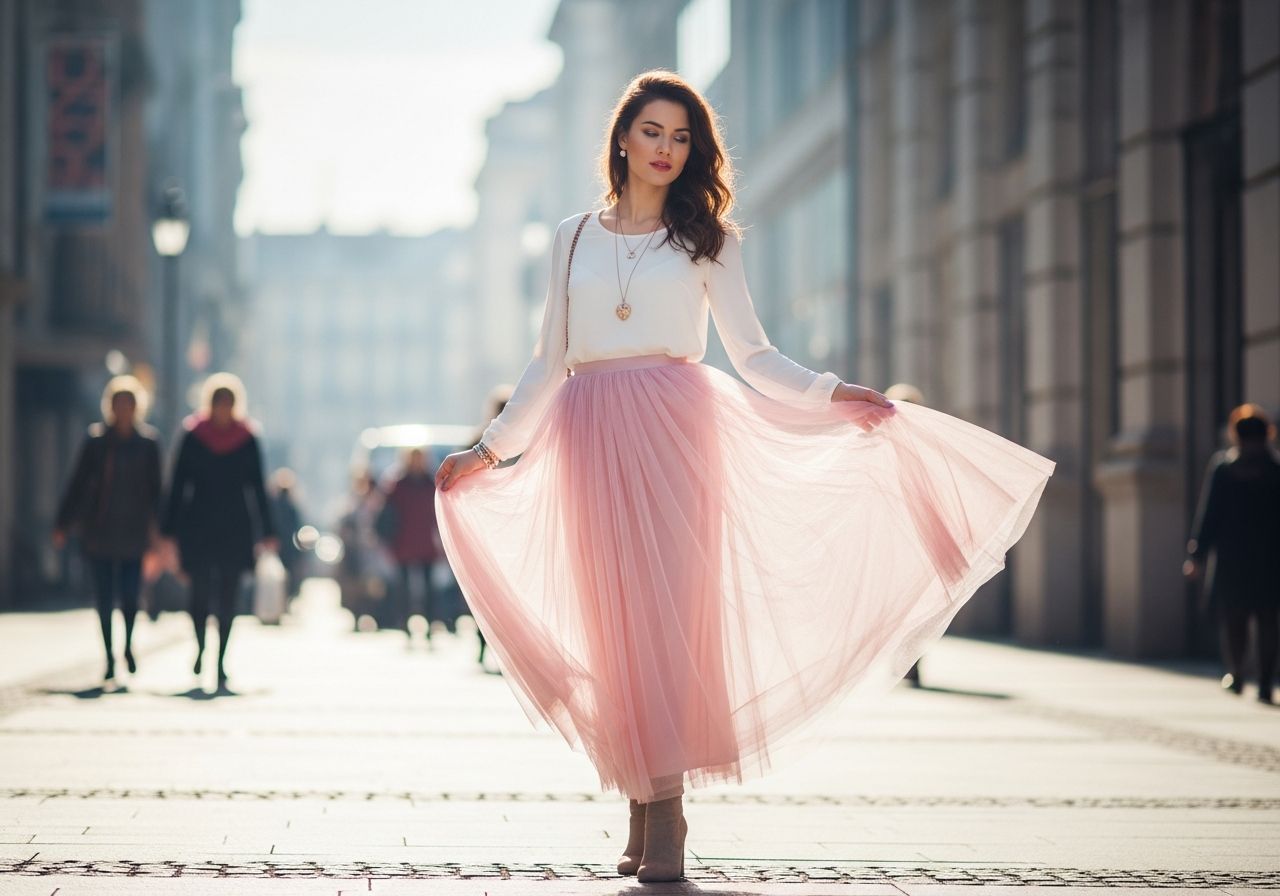 Młoda kobieta w pastelowej spódnicy i białej bluzce na ulicy miasta w modnym, casualowym stylu.