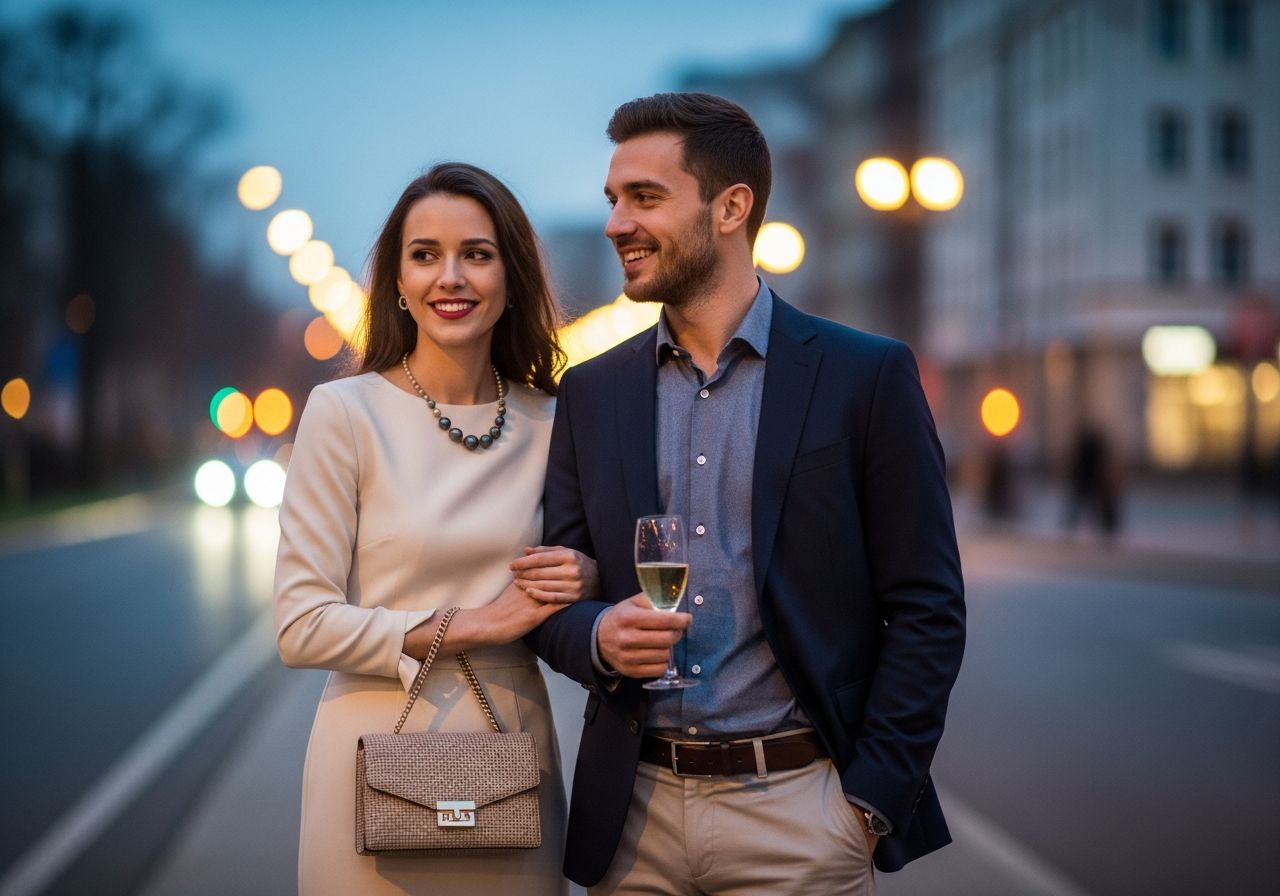 Młoda para na romantycznej randce w miejskim otoczeniu o ciepłym, wieczornym świetle.