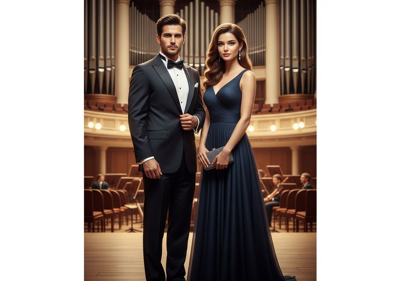 Para elegancko ubrana na koncert symfoniczny przed gmachem sali koncertowej w wieczorowych strojach.