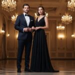 Elegancka para w formalnych strojach stoi w luksusowej sali balowej pod kryształowymi żyrandolami.
