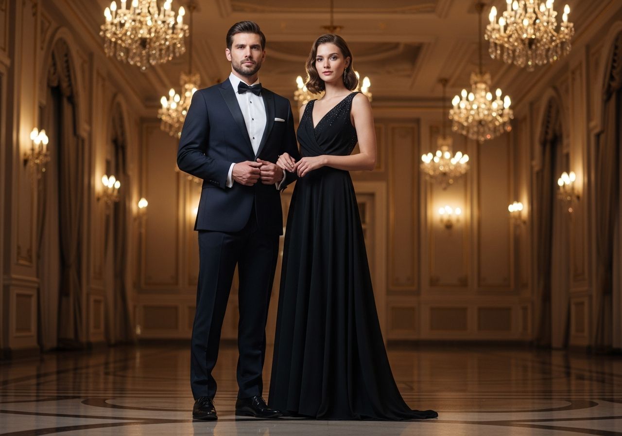 Elegancka para w formalnych strojach stoi w luksusowej sali balowej pod kryształowymi żyrandolami.
