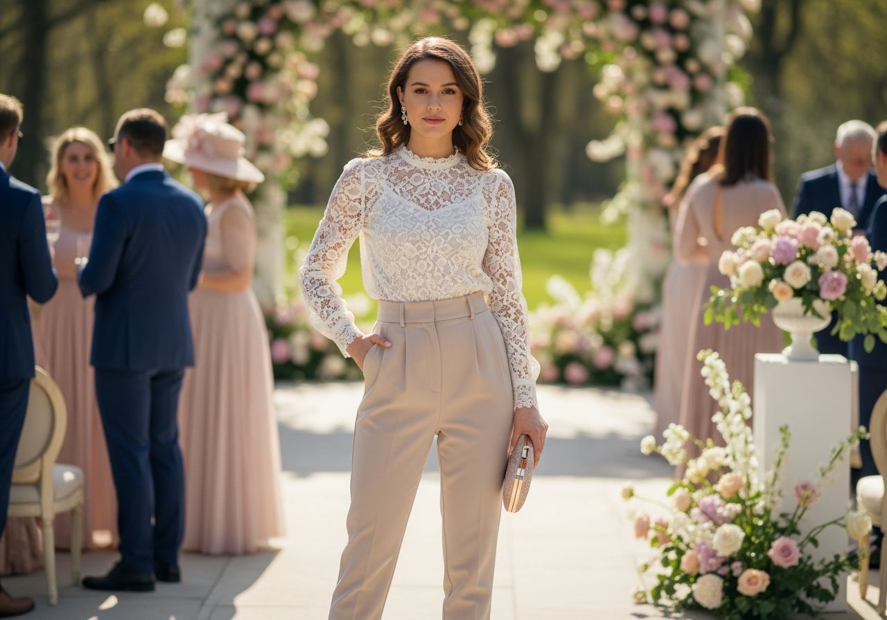 Młoda kobieta na weselu w eleganckich spodniach i koronkowej bluzce w ogrodzie z gośćmi w tle.