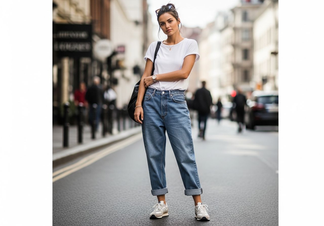 Młoda kobieta w jasnych boyfriend jeans, białej koszulce i sneakersach stoi na ulicy w miejskim otoczeniu.