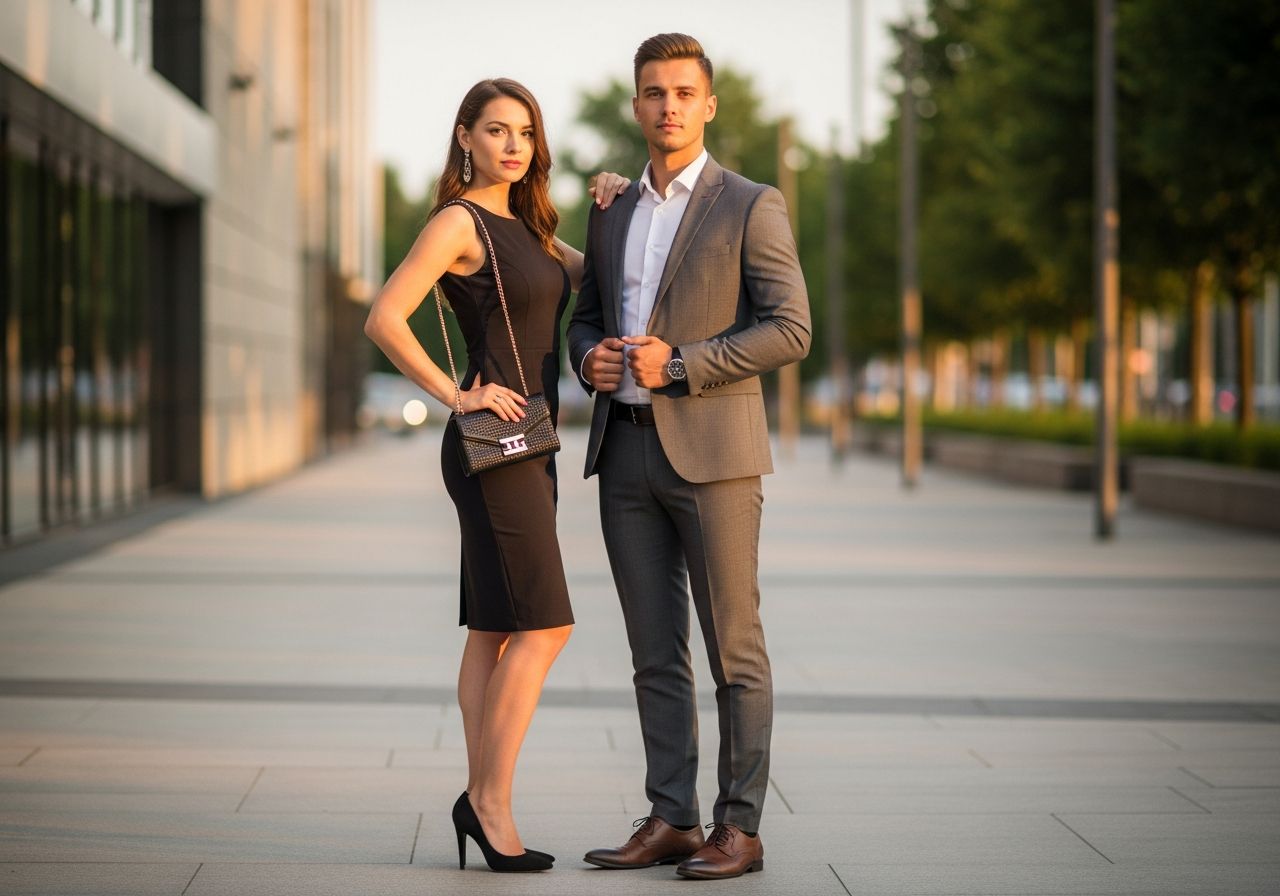 Stylowa para w eleganckich strojach stoi na tle miejskich świateł podczas złotej godziny.