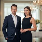 Mężczyzna w granatowym garniturze i kobieta w czarnej sukni wieczorowej na eleganckim wydarzeniu