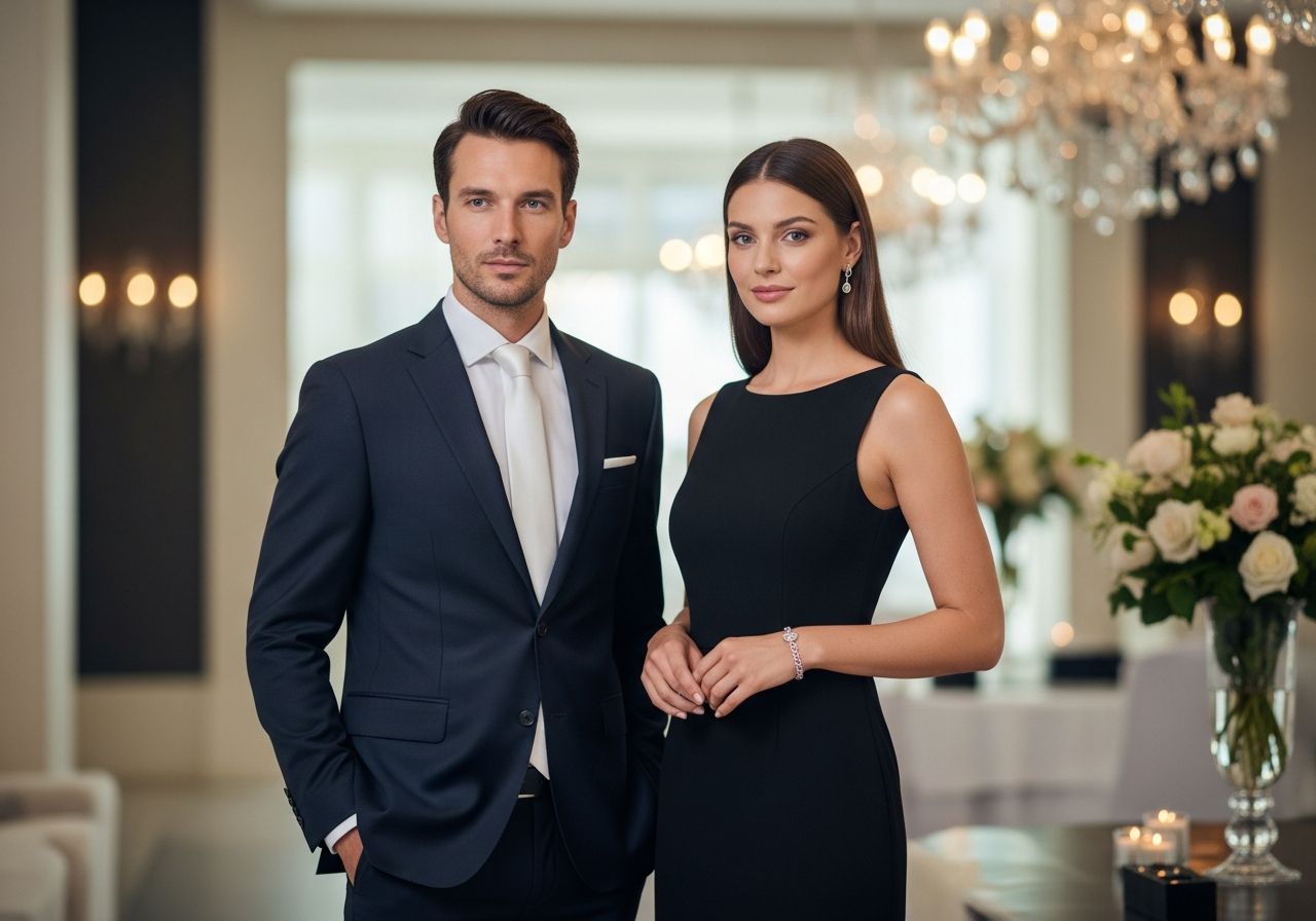 Mężczyzna w granatowym garniturze i kobieta w czarnej sukni wieczorowej na eleganckim wydarzeniu