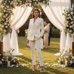 Kobieta na weselu w eleganckim garniturze stoi w ogrodzie z dekoracjami w naturalnym świetle