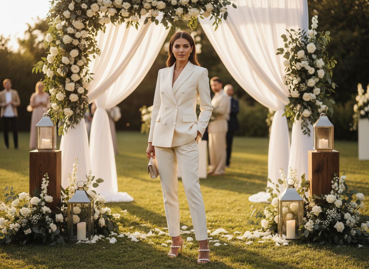Kobieta na weselu w eleganckim garniturze stoi w ogrodzie z dekoracjami w naturalnym świetle