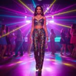Młoda kobieta w kolorowym stroju wchodzi do klubu disco z neonowym oświetleniem, na tle tańczących ludzi.