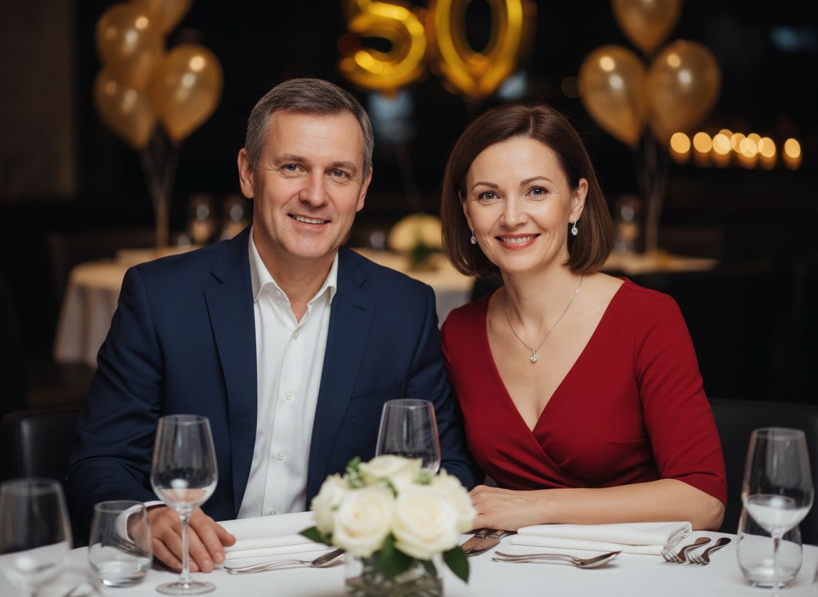 Elegancka para świętuje 50. urodziny przy udekorowanym stole w restauracji, uśmiechnięci i zrelaksowani.